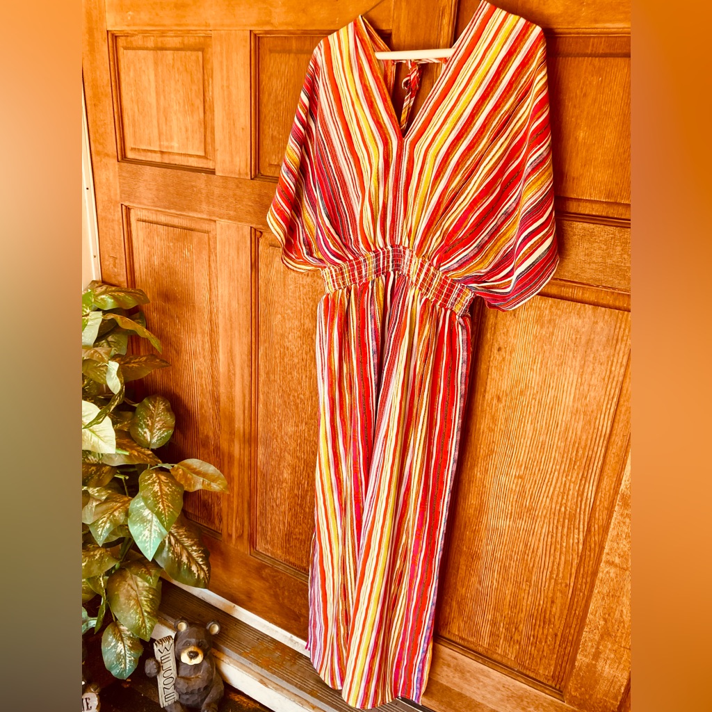 Nina Leonard Red, Yellow & Orange Striped Maxi Dress